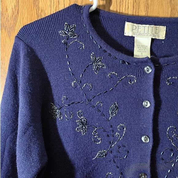 Vtg Petite Sophisticate Beaded Cardigan S Navy Old Money Classic Hong Kong Wool - Picture 2 of 10